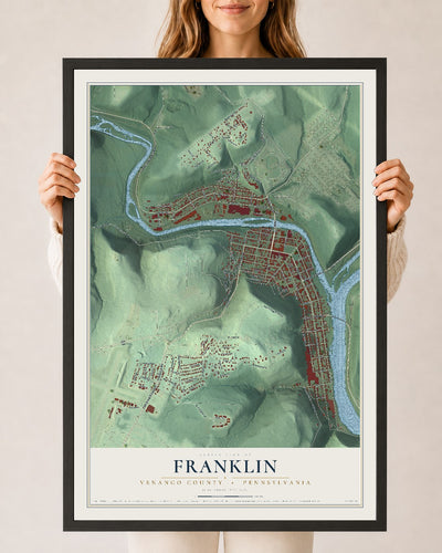 Map of Franklin, Venango County, Pennsylvania, 24 x 36 inch print in a black wood frame