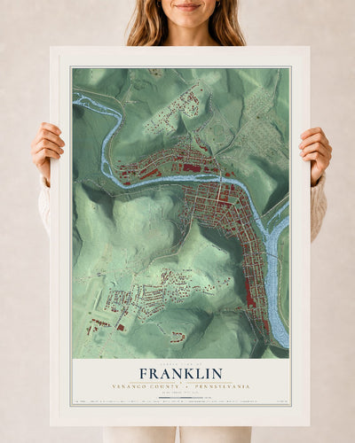Map of Franklin, Venango County, Pennsylvania, 24 x 36 inch print in a white wood frame