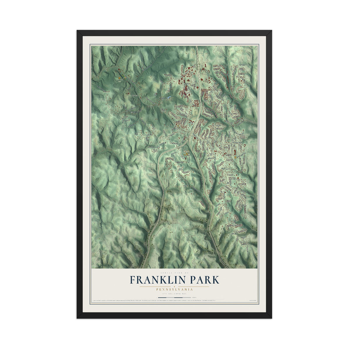 Map of Franklin Park, Pennsylvania, 12 x 18 inch print in a black wood frame
