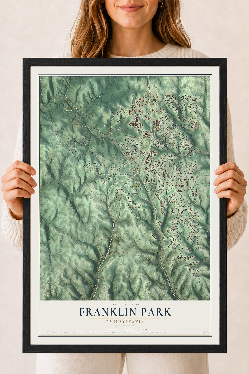 Map of Franklin Park, Pennsylvania, 18 x 24 inch print in a black wood frame