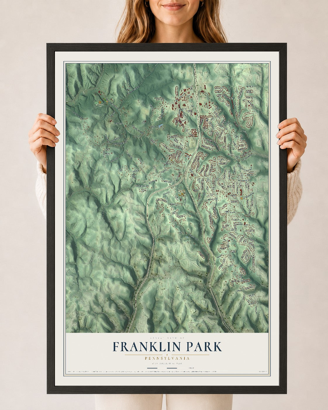 Map of Franklin Park, Pennsylvania, 24 x 36 inch print in a black wood frame