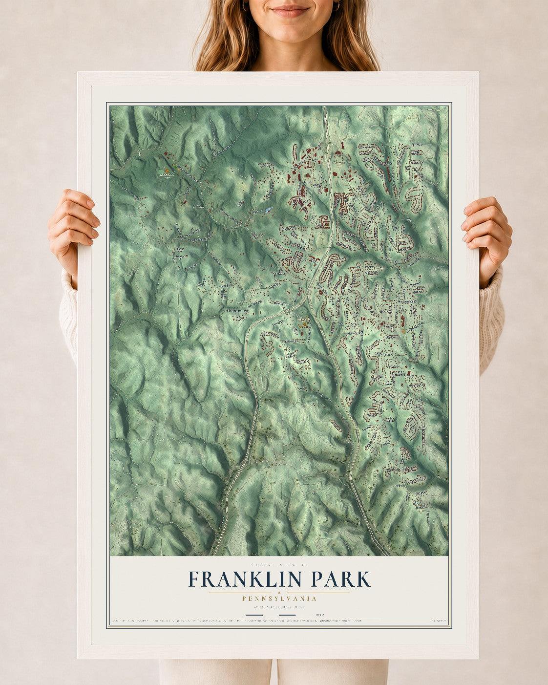 Map of Franklin Park, Pennsylvania, 24 x 36 inch print in a white wood frame