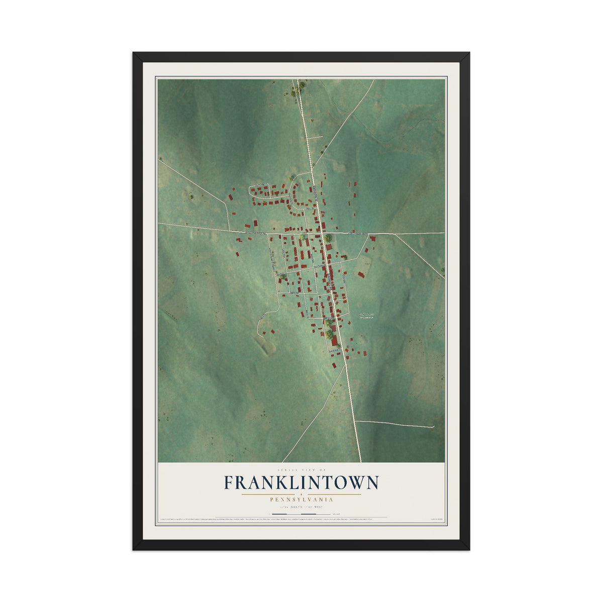 Map of Franklintown, Pennsylvania, 12 x 18 inch print in a black wood frame