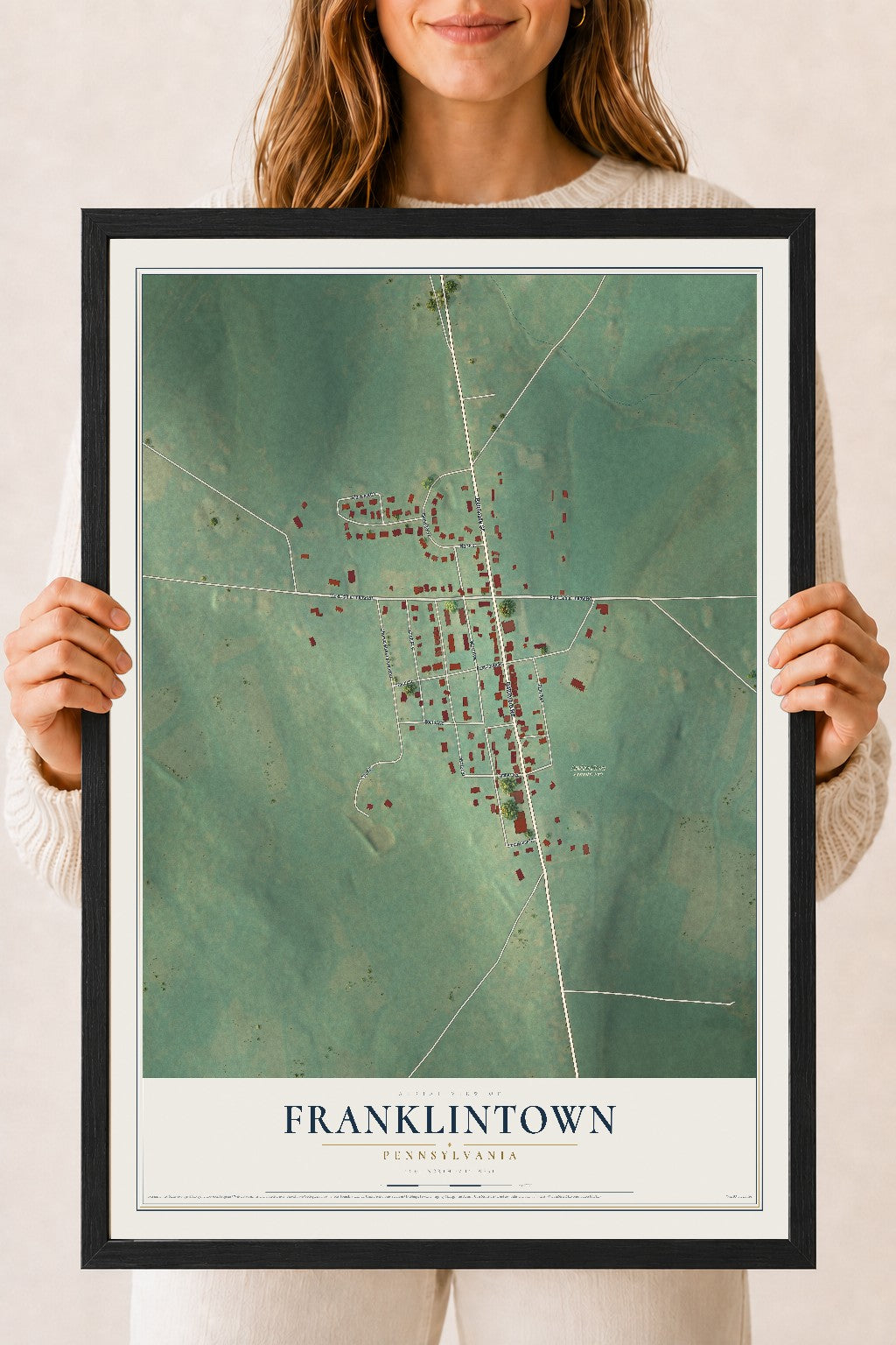 Map of Franklintown, Pennsylvania, 18 x 24 inch print in a black wood frame