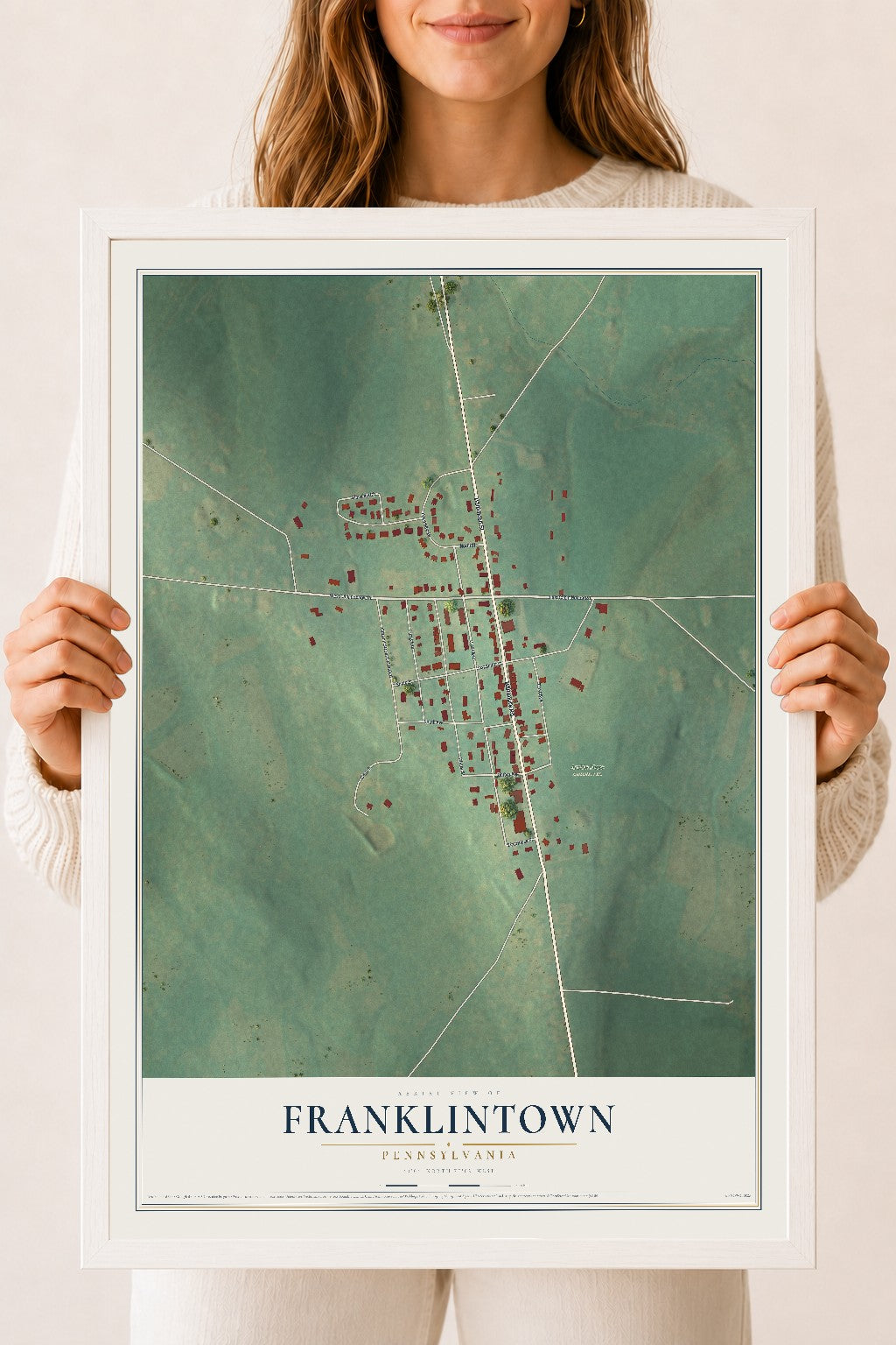 Map of Franklintown, Pennsylvania, 18 x 24 inch print in a white wood frame