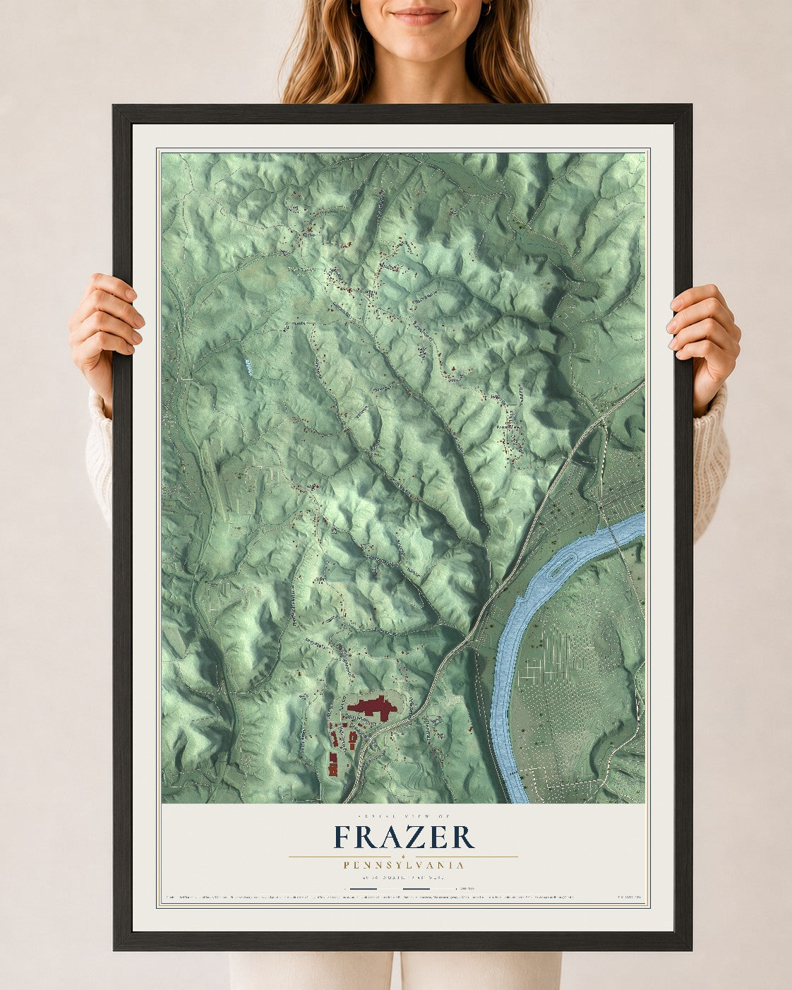 Map of Frazer, Pennsylvania, 24 x 36 inch print in a black wood frame