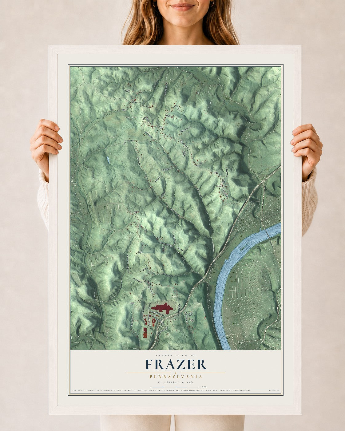 Map of Frazer, Pennsylvania, 24 x 36 inch print in a white wood frame