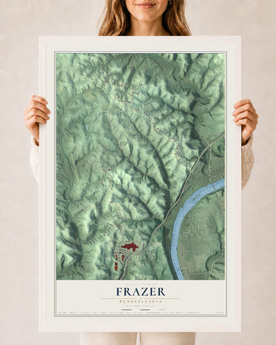 Map of Frazer, Pennsylvania, 24 x 36 inch print in a white wood frame