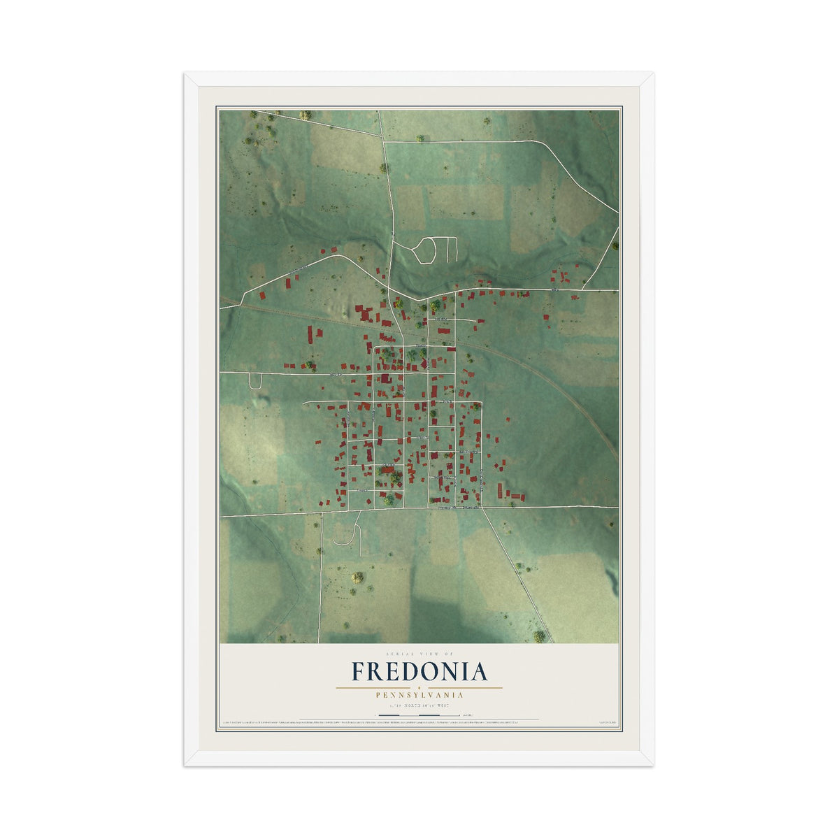 Map of Fredonia, Pennsylvania, 12 x 18 inch print in a white wood frame
