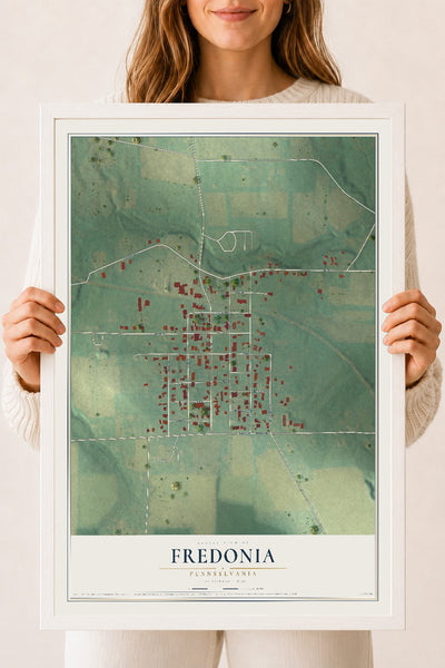 Map of Fredonia, Pennsylvania, 18 x 24 inch print in a white wood frame