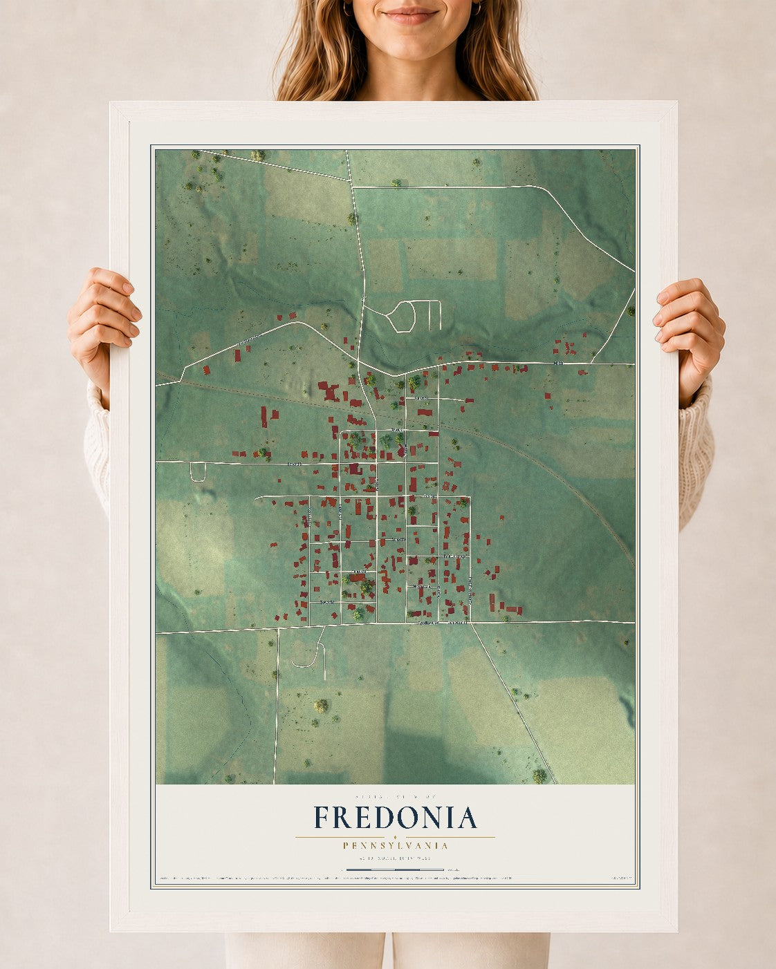 Map of Fredonia, Pennsylvania, 24 x 36 inch print in a white wood frame