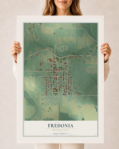 Map of Fredonia, Pennsylvania, 24 x 36 inch print in a white wood frame
