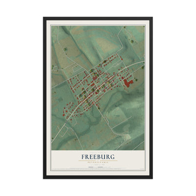Map of Freeburg, Pennsylvania, 12 x 18 inch print in a black wood frame