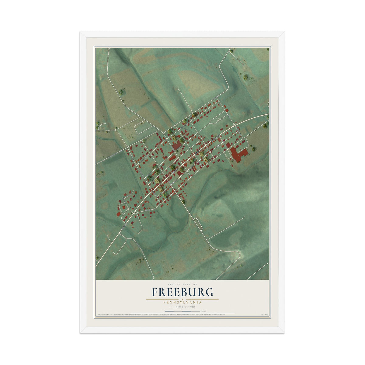 Map of Freeburg, Pennsylvania, 12 x 18 inch print in a white wood frame
