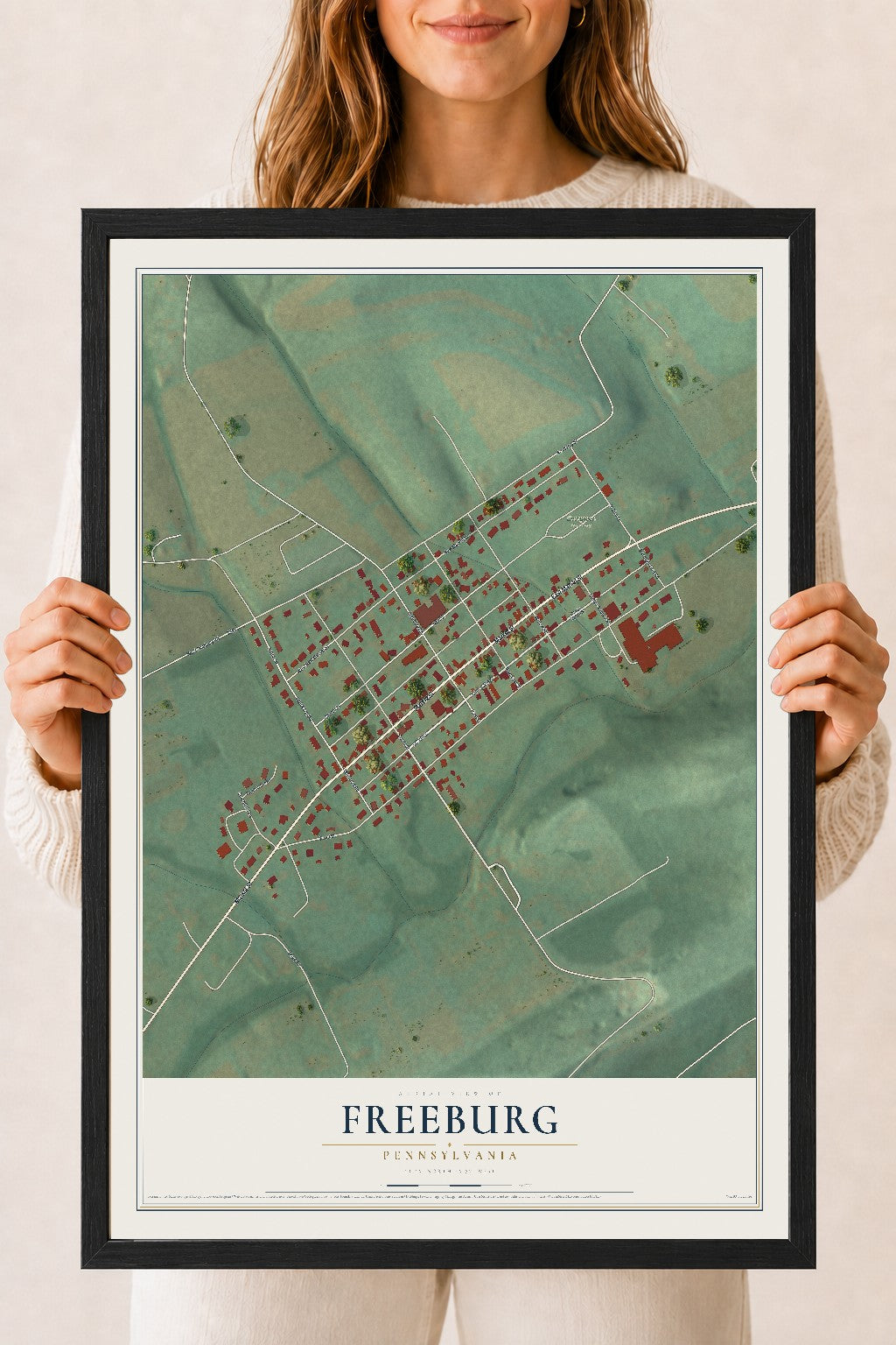 Map of Freeburg, Pennsylvania, 18 x 24 inch print in a black wood frame