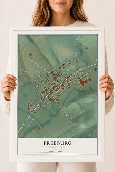 Map of Freeburg, Pennsylvania, 18 x 24 inch print in a white wood frame