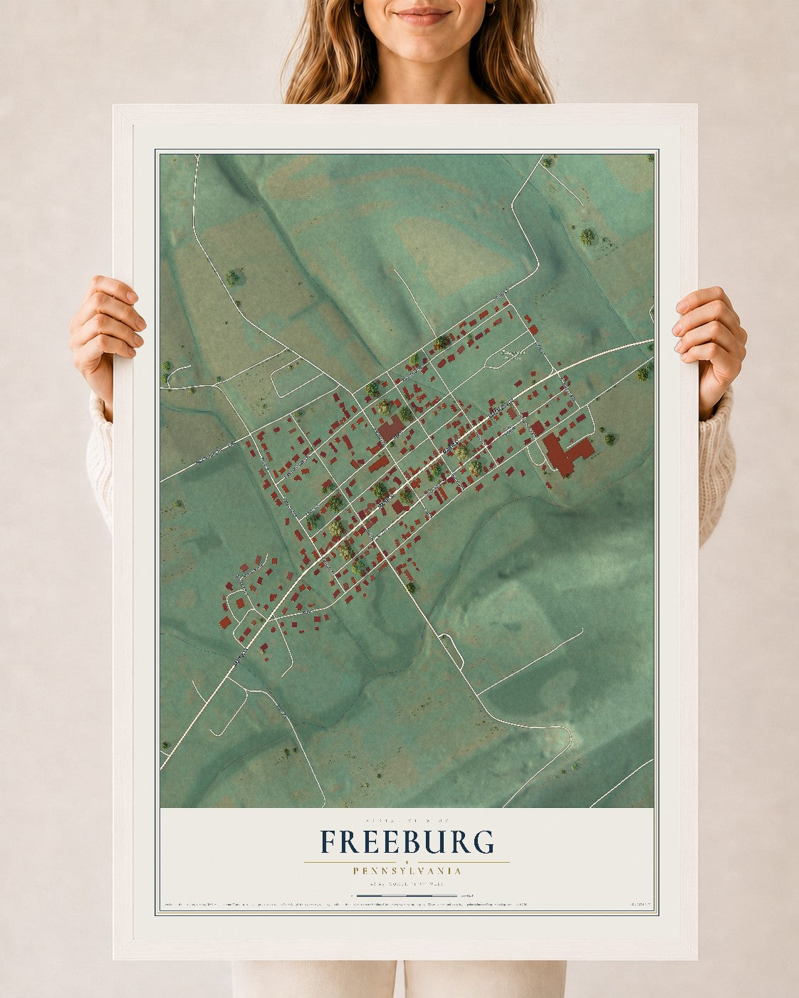 Map of Freeburg, Pennsylvania, 24 x 36 inch print in a white wood frame