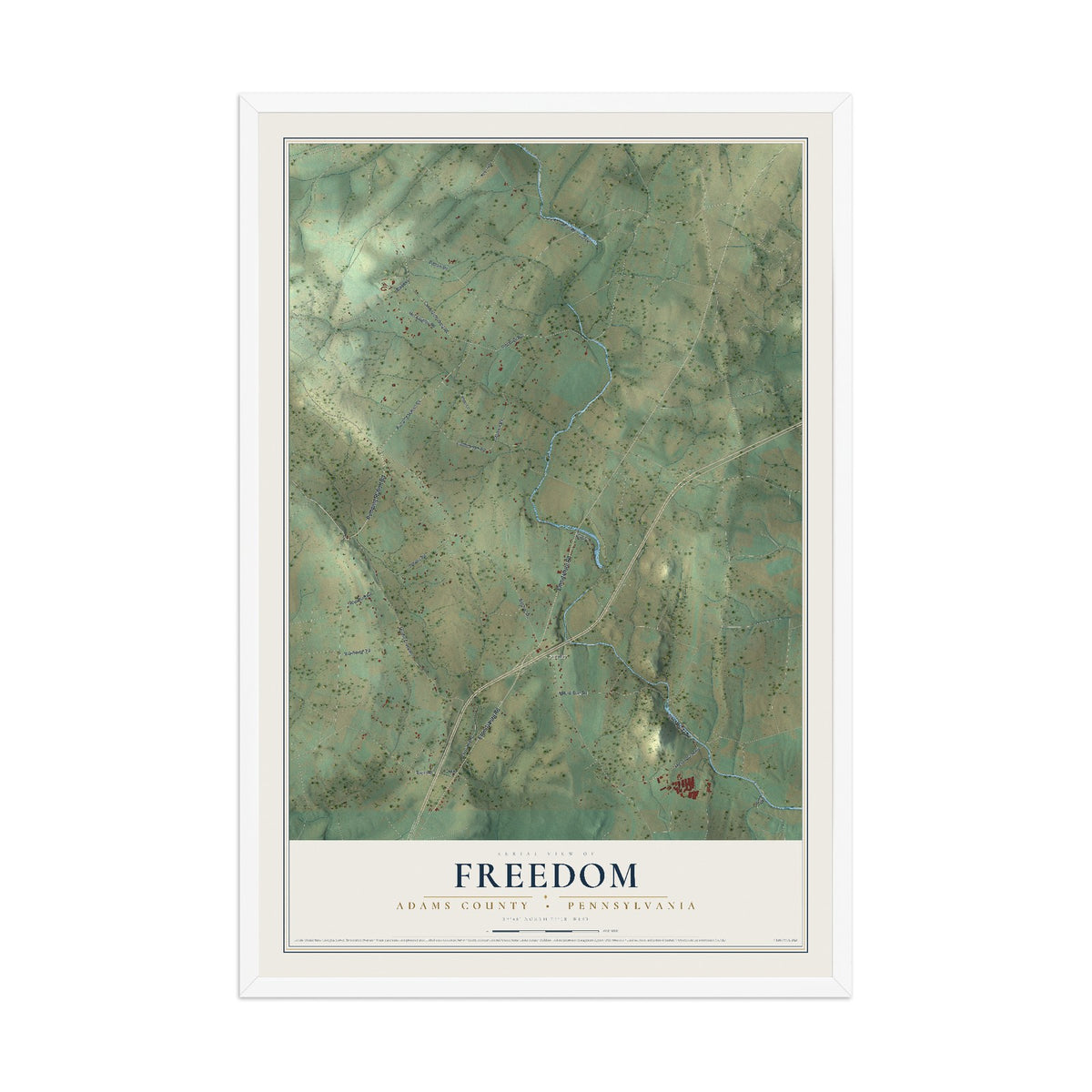 Map of Freedom, Adams County, Pennsylvania, 12 x 18 inch print in a white wood frame