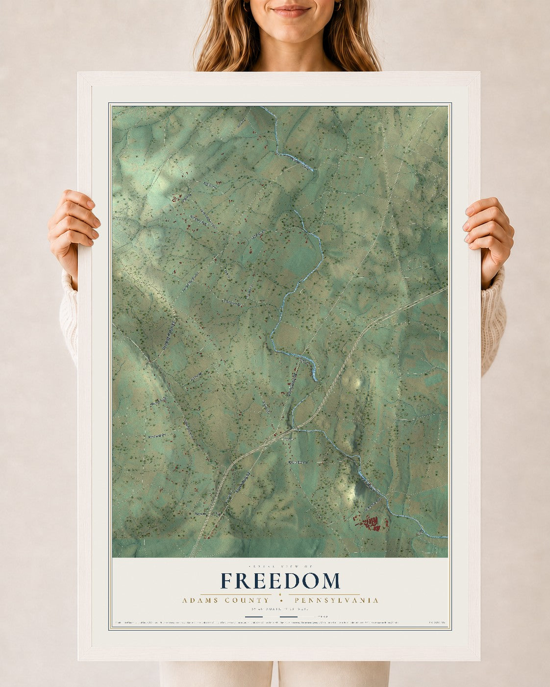 Map of Freedom, Adams County, Pennsylvania, 24 x 36 inch print in a white wood frame