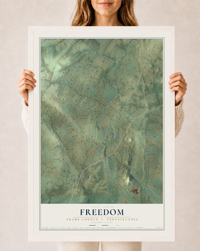 Map of Freedom, Adams County, Pennsylvania, 24 x 36 inch print in a white wood frame