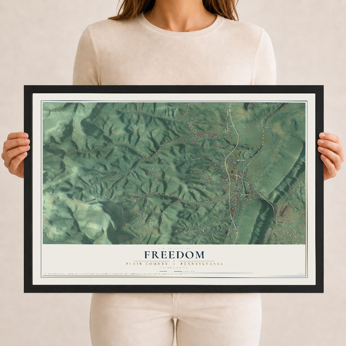 Map of Freedom, Blair County, Pennsylvania, 12 x 18 inch print in a black wood frame