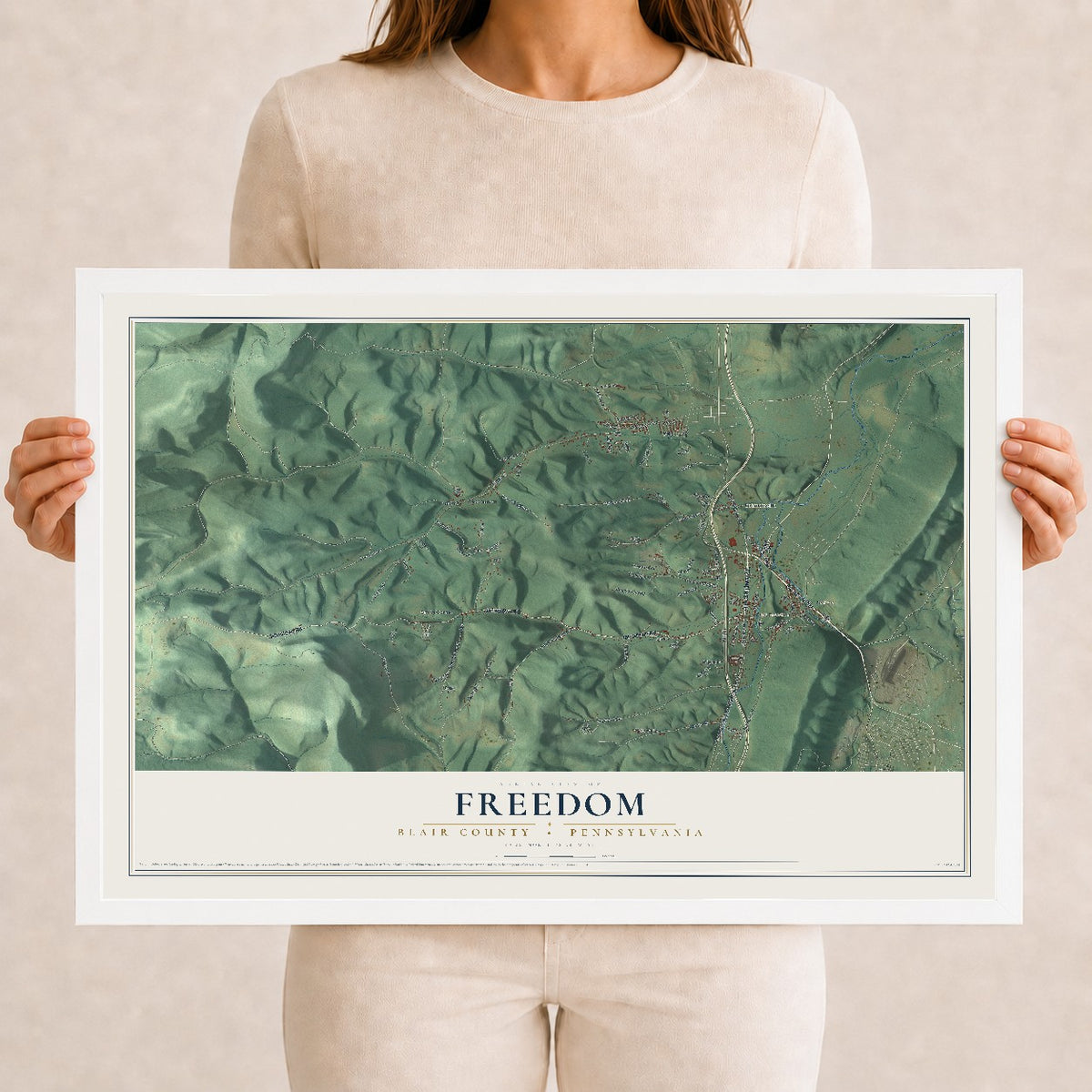 Map of Freedom, Blair County, Pennsylvania, 12 x 18 inch print in a white wood frame