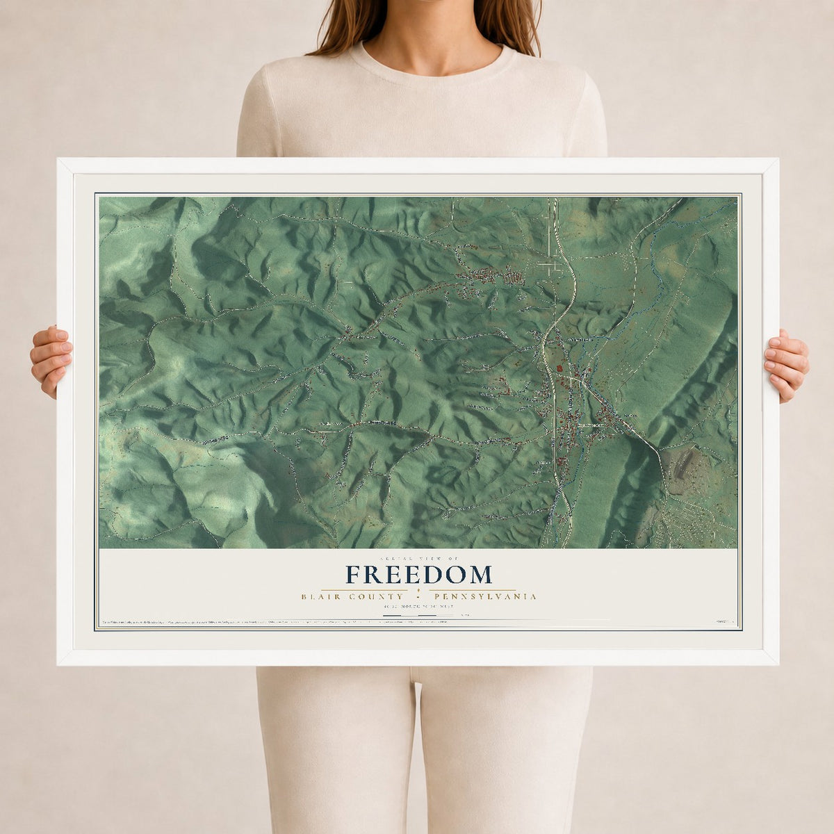 Map of Freedom, Blair County, Pennsylvania, 24 x 36 inch print in a white wood frame