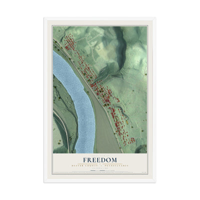 Map of Freedom, Beaver County, Pennsylvania, 12 x 18 inch print in a white wood frame