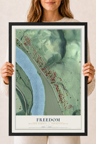 Map of Freedom, Beaver County, Pennsylvania, 18 x 24 inch print in a black wood frame