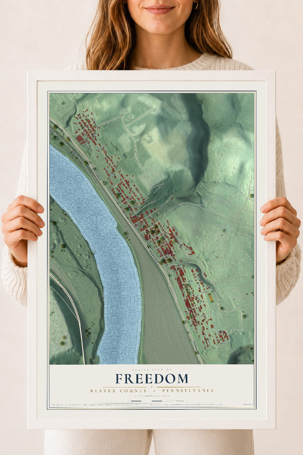 Map of Freedom, Beaver County, Pennsylvania, 18 x 24 inch print in a white wood frame