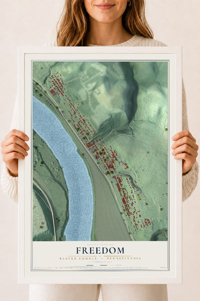 Map of Freedom, Beaver County, Pennsylvania, 18 x 24 inch print in a white wood frame