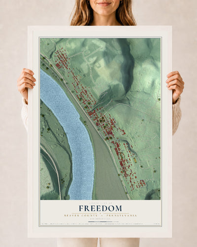 Map of Freedom, Beaver County, Pennsylvania, 24 x 36 inch print in a white wood frame