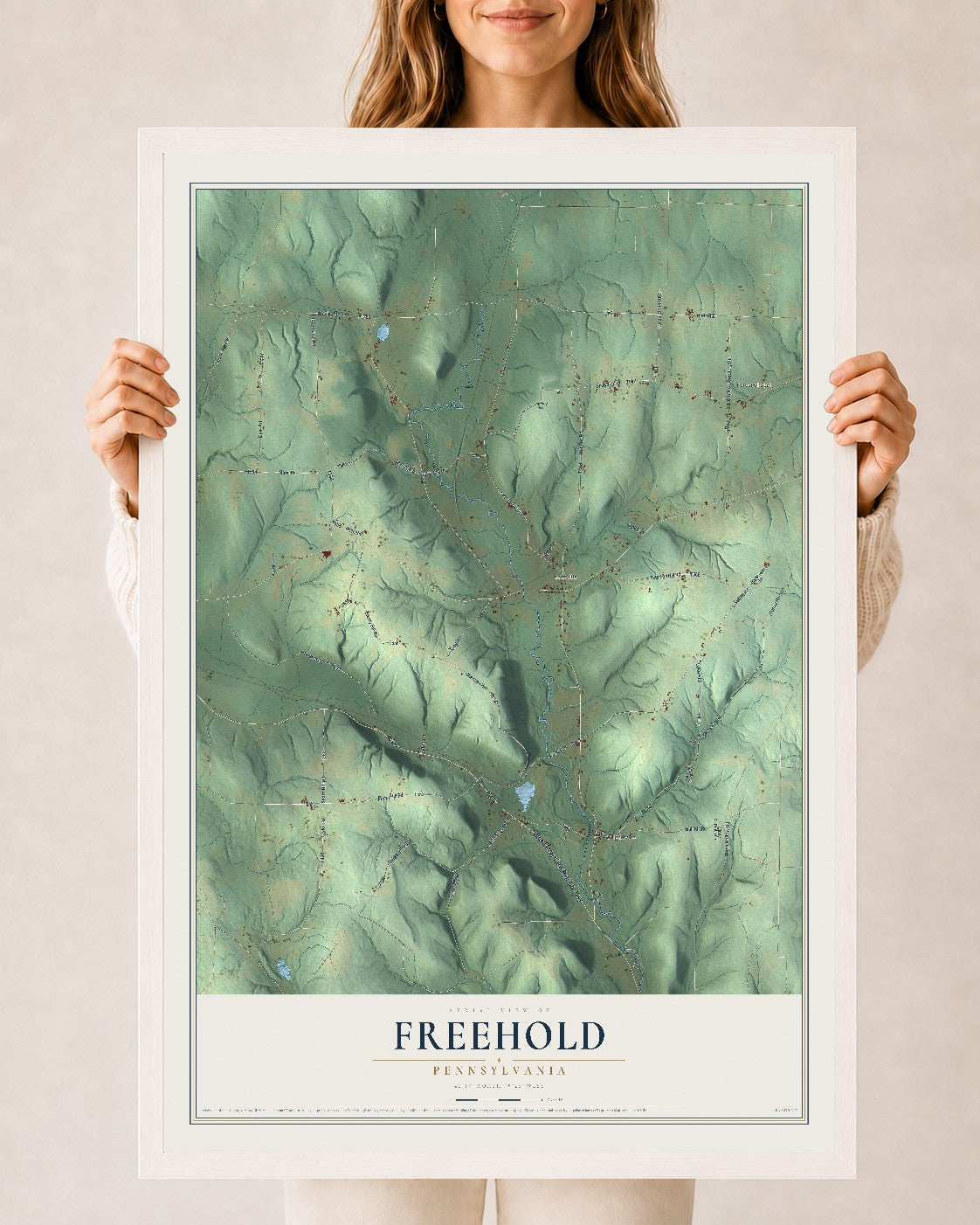 Map of Freehold, Pennsylvania, 24 x 36 inch print in a white wood frame
