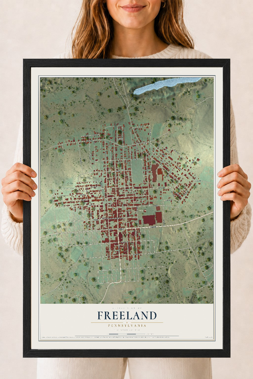 Map of Freeland, Pennsylvania, 18 x 24 inch print in a black wood frame