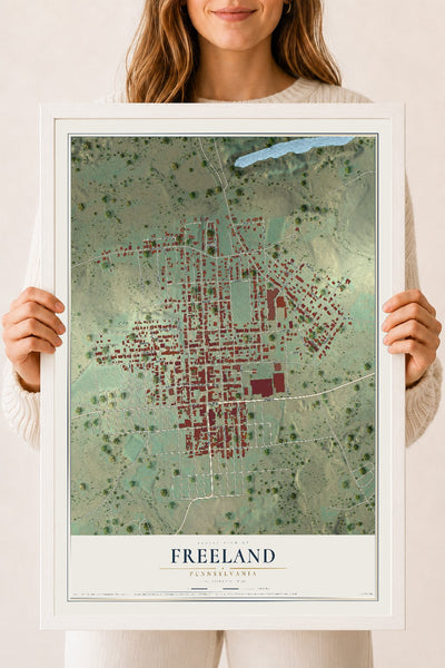 Map of Freeland, Pennsylvania, 18 x 24 inch print in a white wood frame
