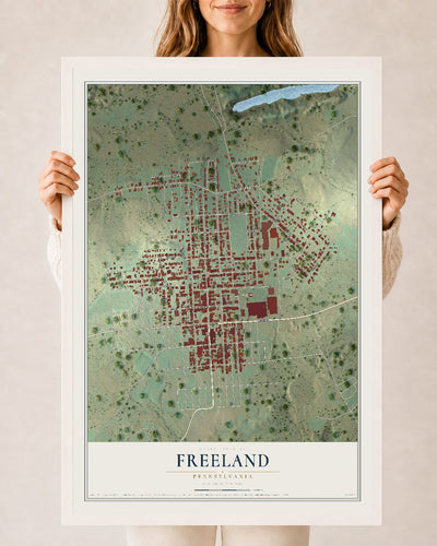 Map of Freeland, Pennsylvania, 24 x 36 inch print in a white wood frame