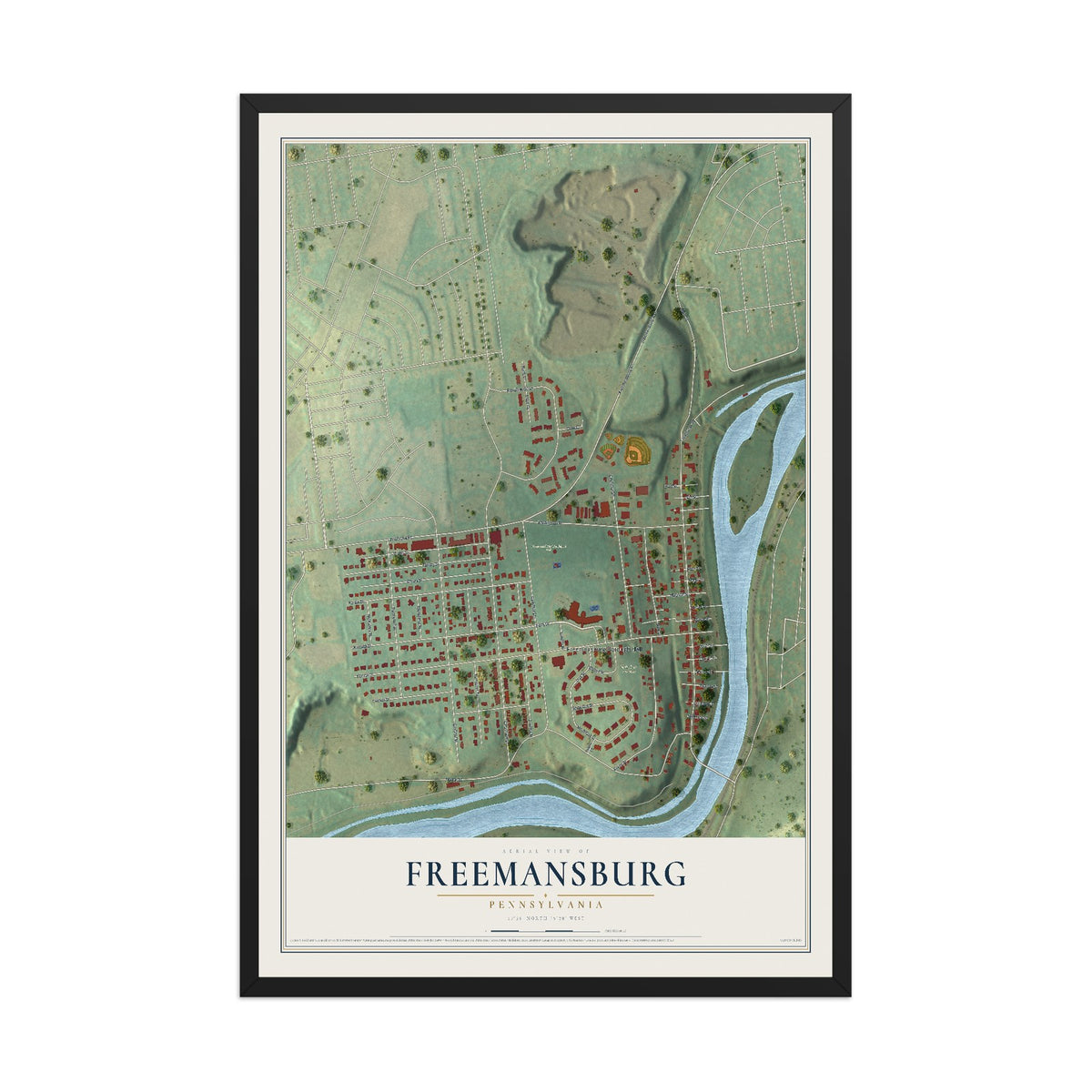 Map of Freemansburg, Pennsylvania, 12 x 18 inch print in a black wood frame