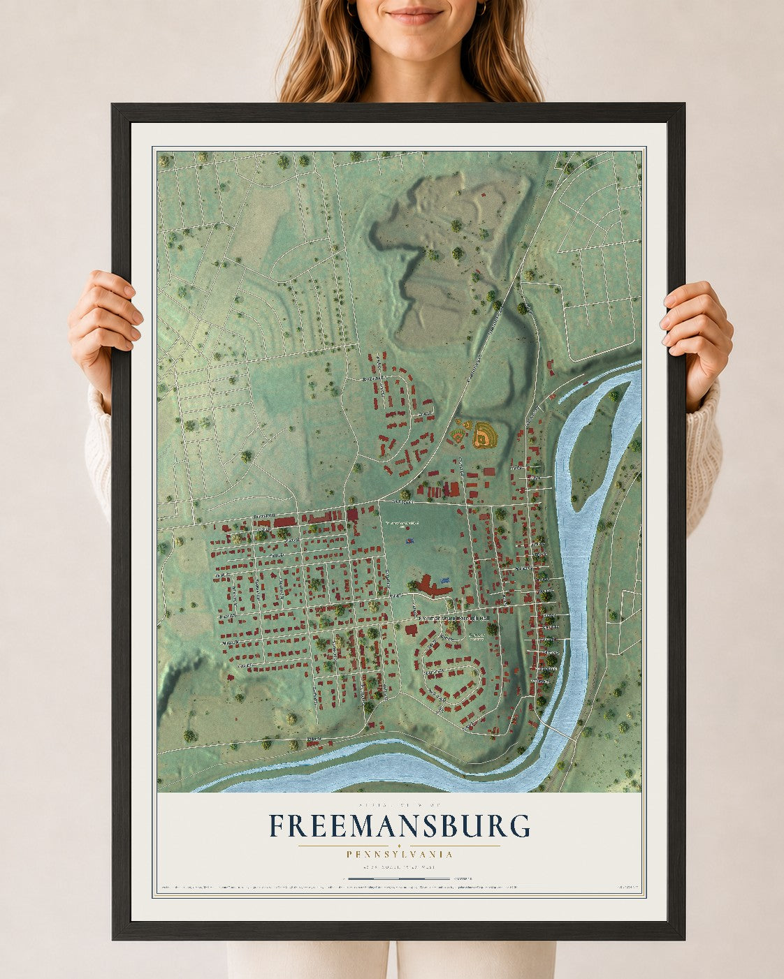Map of Freemansburg, Pennsylvania, 24 x 36 inch print in a black wood frame