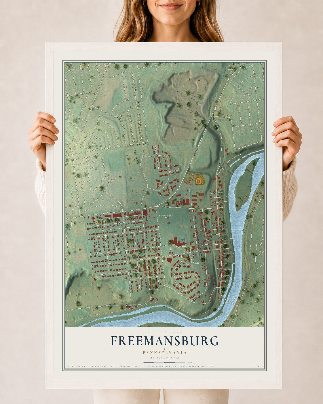 Map of Freemansburg, Pennsylvania, 24 x 36 inch print in a white wood frame