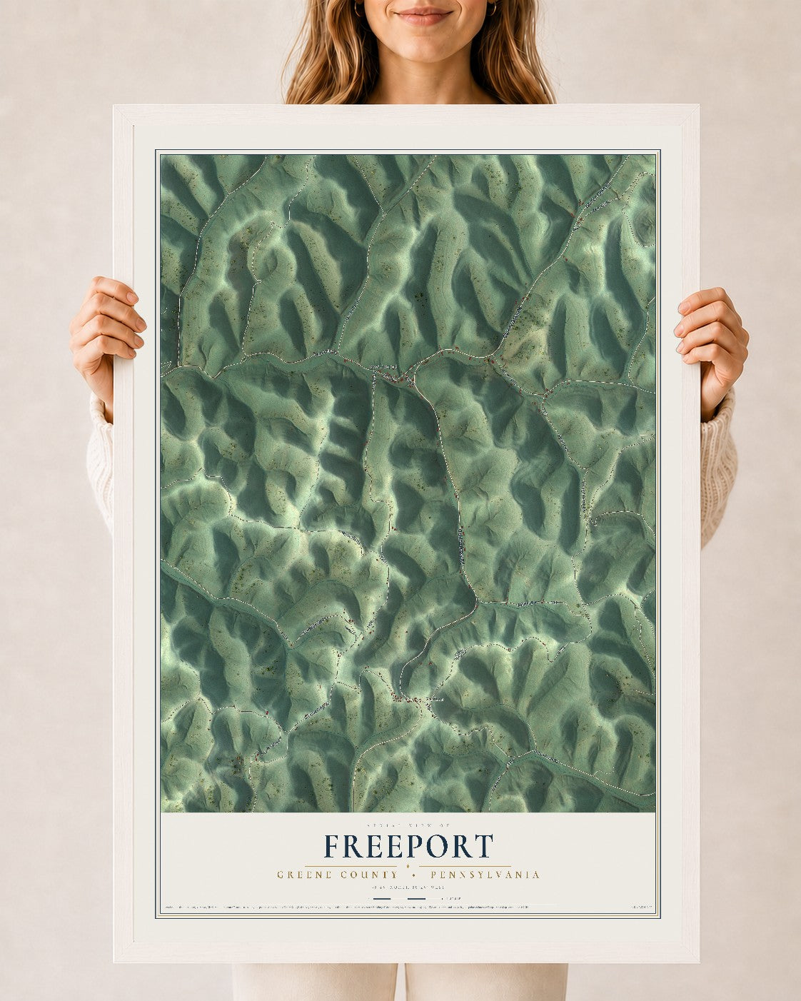 Map of Freeport, Greene County, Pennsylvania, 24 x 36 inch print in a white wood frame