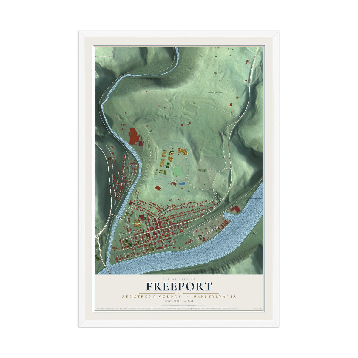 Map of Freeport, Armstrong County, Pennsylvania, 12 x 18 inch print in a white wood frame