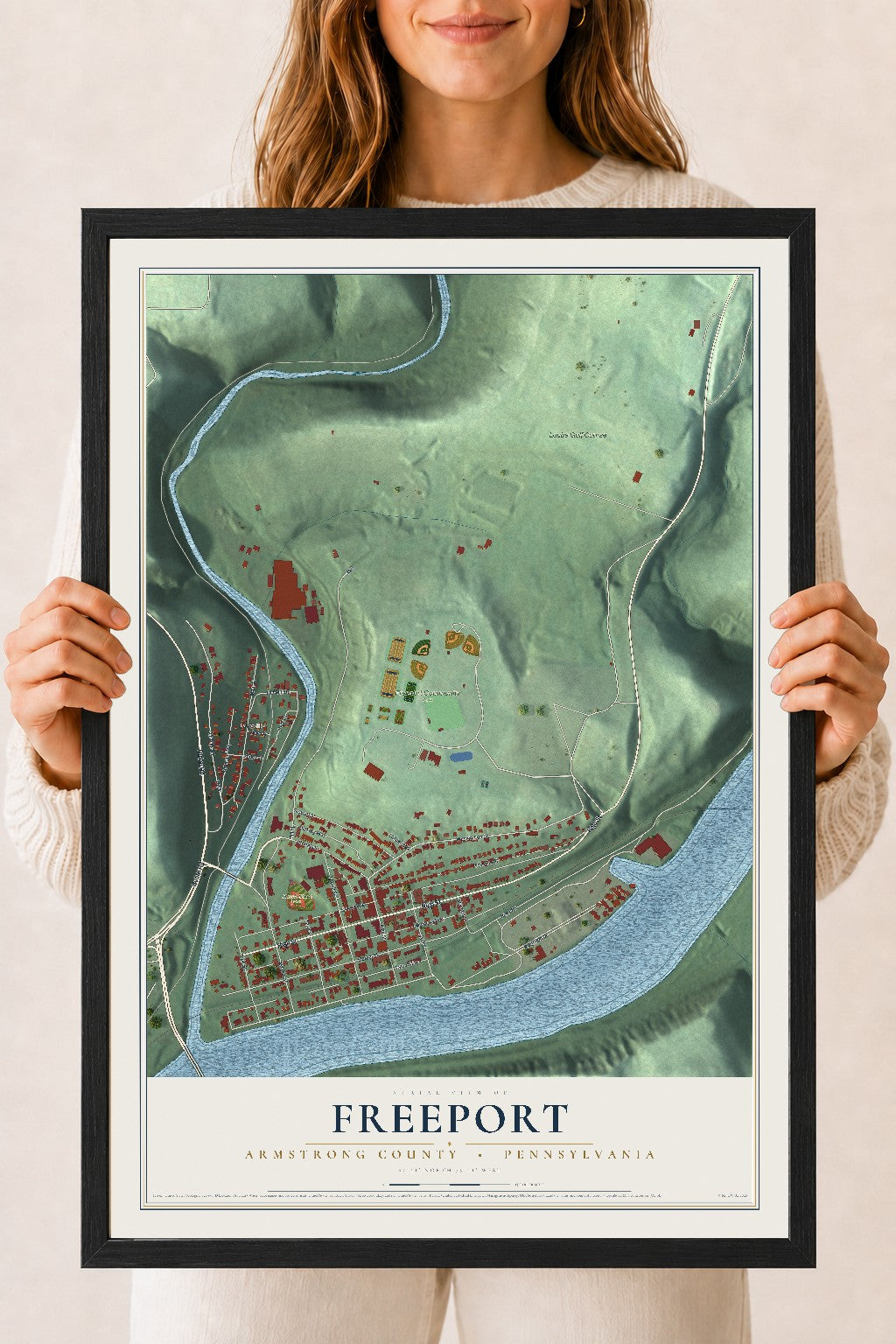 Map of Freeport, Armstrong County, Pennsylvania, 18 x 24 inch print in a black wood frame