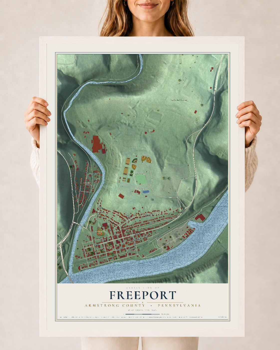 Map of Freeport, Armstrong County, Pennsylvania, 24 x 36 inch print in a white wood frame