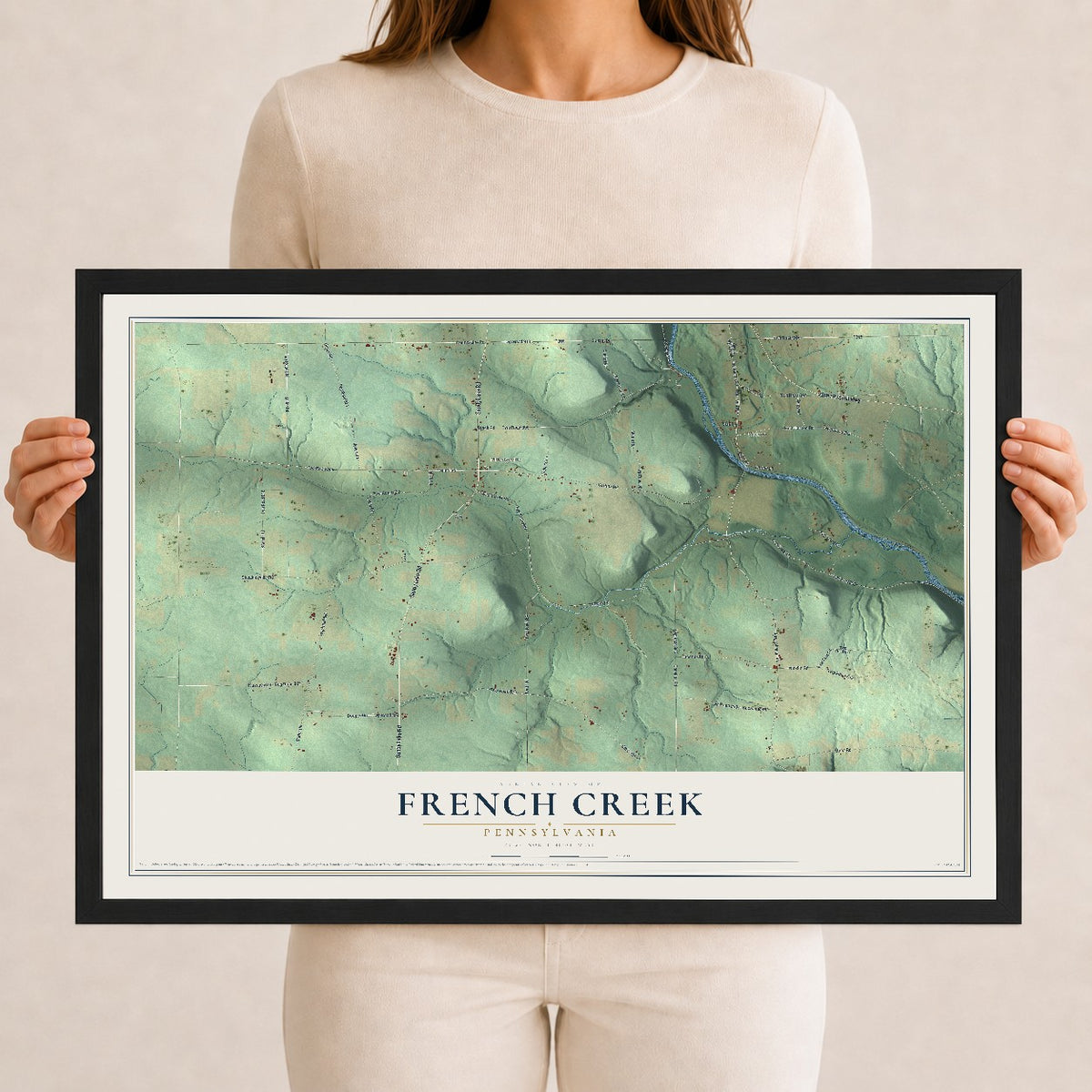 Map of French Creek, Pennsylvania, 12 x 18 inch print in a black wood frame