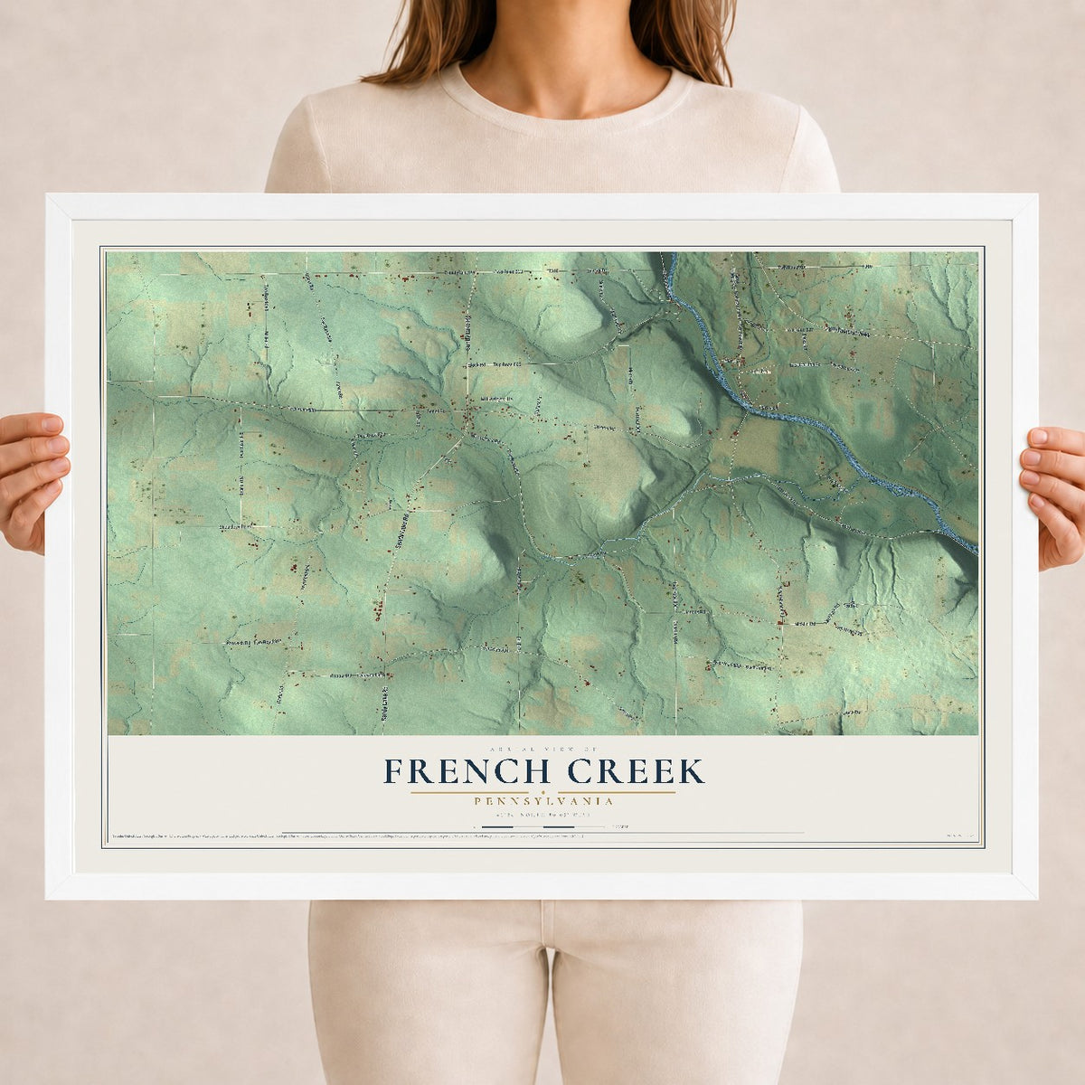Map of French Creek, Pennsylvania, 18 x 24 inch print in a white wood frame
