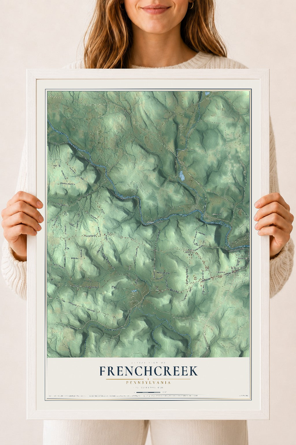 Map of Frenchcreek, Pennsylvania, 18 x 24 inch print in a white wood frame
