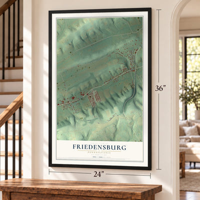 Friedensburg, Pennsylvania map, 24 x 36 inch print in a black frame by a staircase