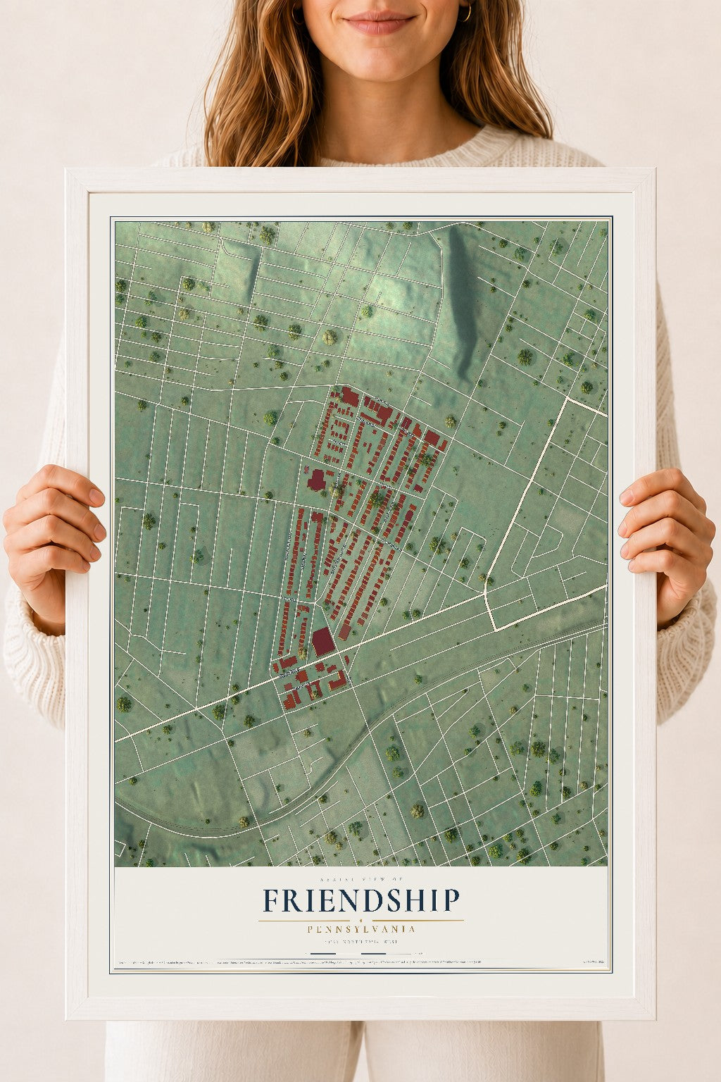 Map of Friendship, Pennsylvania, 18 x 24 inch print in a white wood frame