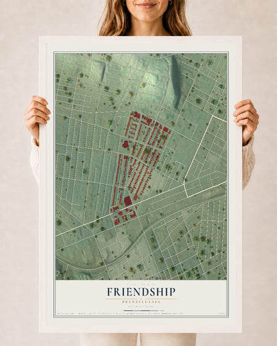 Map of Friendship, Pennsylvania, 24 x 36 inch print in a white wood frame