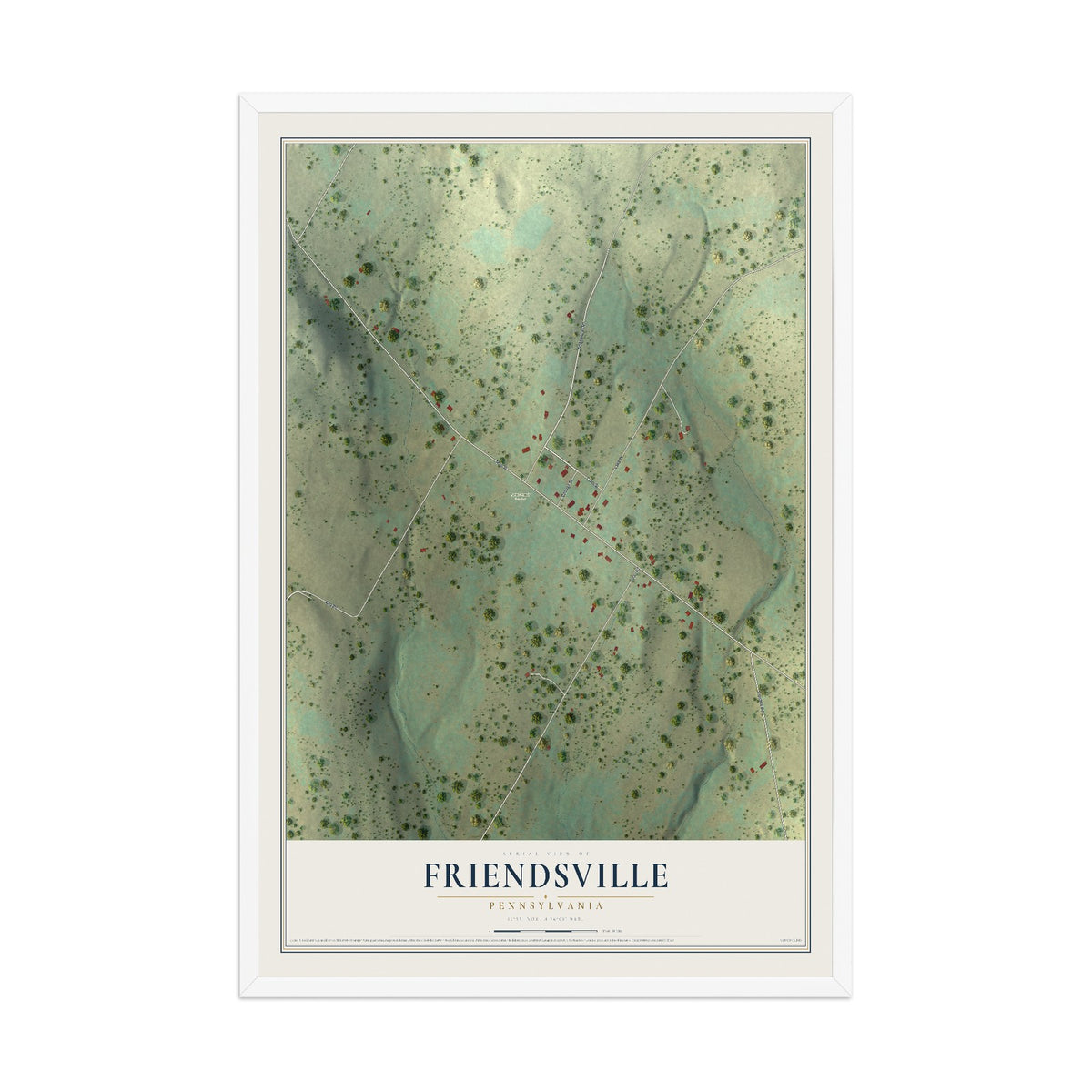 Map of Friendsville, Pennsylvania, 12 x 18 inch print in a white wood frame